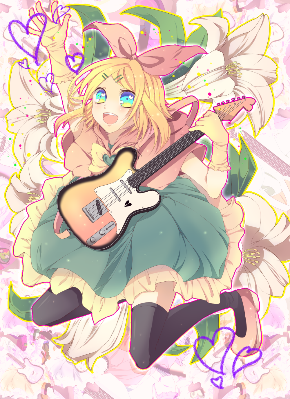 alternate_costume amase_(siki696) bad_id bad_pixiv_id blonde_hair blue_eyes bow flower guitar hair_bow heart highres instrument kagamine_rin solo thighhighs vocaloid