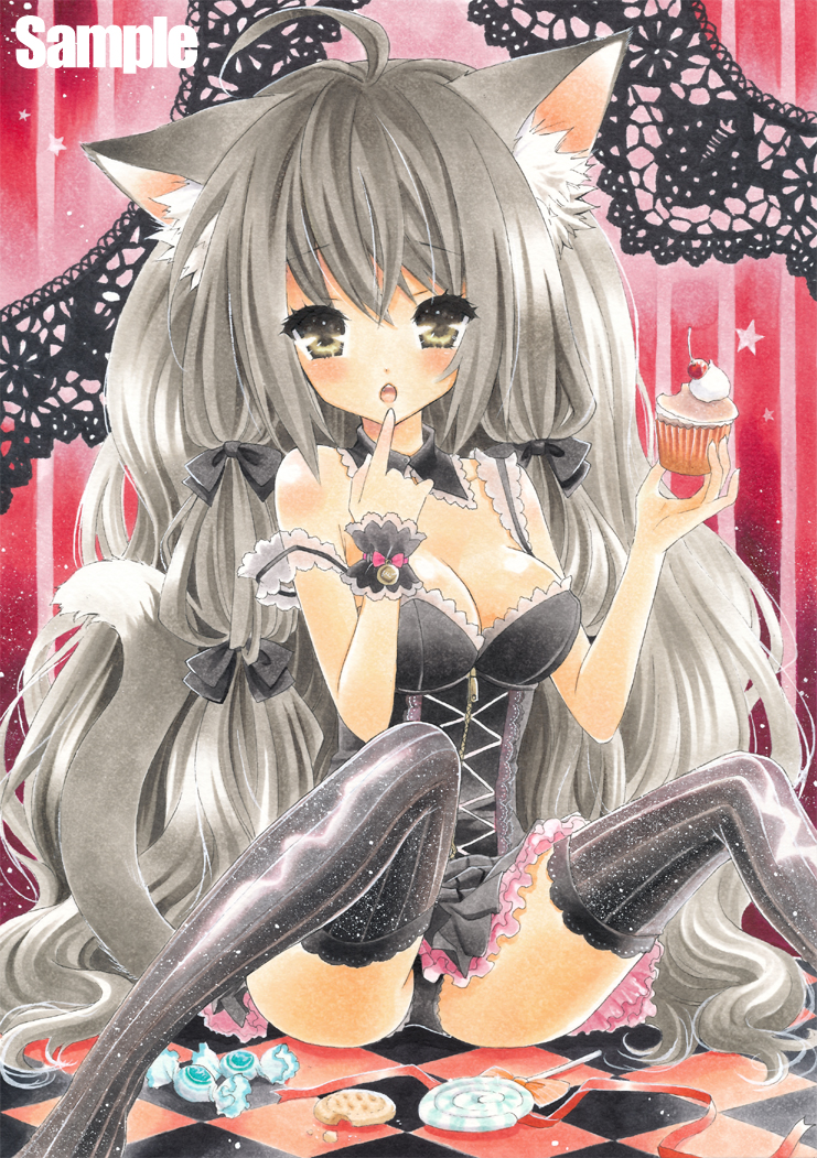 animal_ears ayuayu bad_id bad_pixiv_id breasts candy cleavage finger_to_mouth food grey_hair hair_ribbon large_breasts long_hair original panties pantyshot ribbon sample sitting solo strap_slip tail thighhighs underwear wrist_cuffs