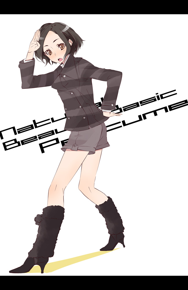 black_hair boots brown_eyes fashion hand_on_hip high_heels jacket letterboxed nocchi_(perfume) open_mouth perfume pose salute sasetsu shoes short_hair shorts solo