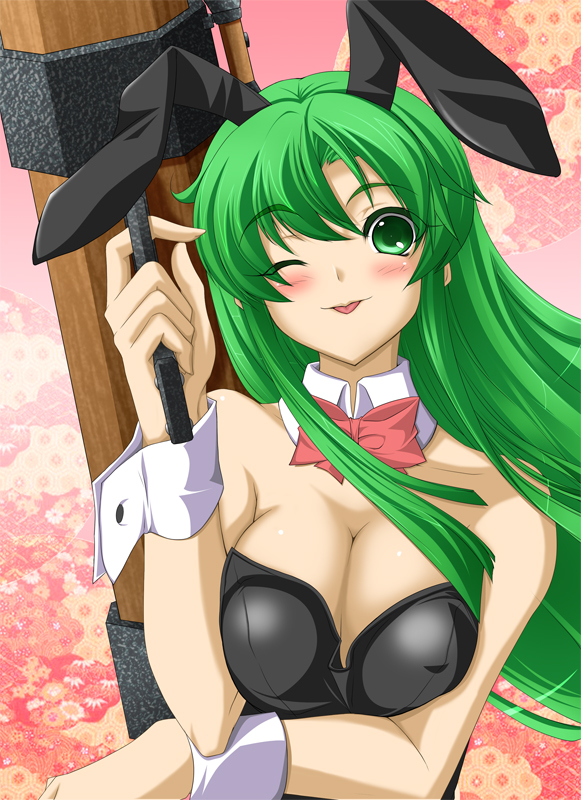 ;p animal_costume animal_ears bow bowtie breast_squeeze breasts bunny_ears bunnysuit cleavage cuffs ganbare_goemon green_eyes green_hair large_breasts long_hair one_eye_closed rocket_launcher solo tongue tongue_out toron_(mino106) weapon yae_(ganbare_goemon)