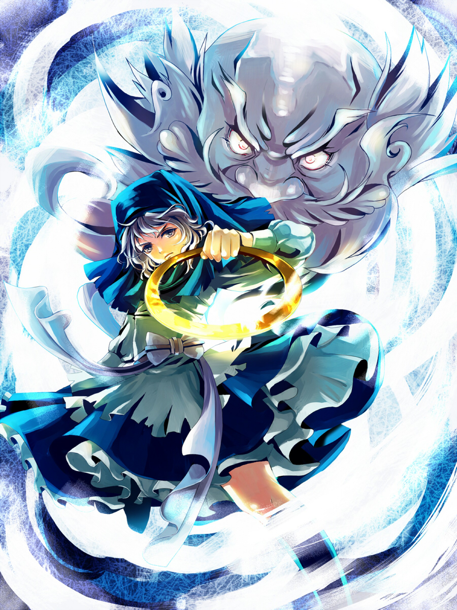 1girl awa_toka blue_eyes blue_hair bracelet cloud highres hood jewelry kumoi_ichirin short_hair touhou unzan