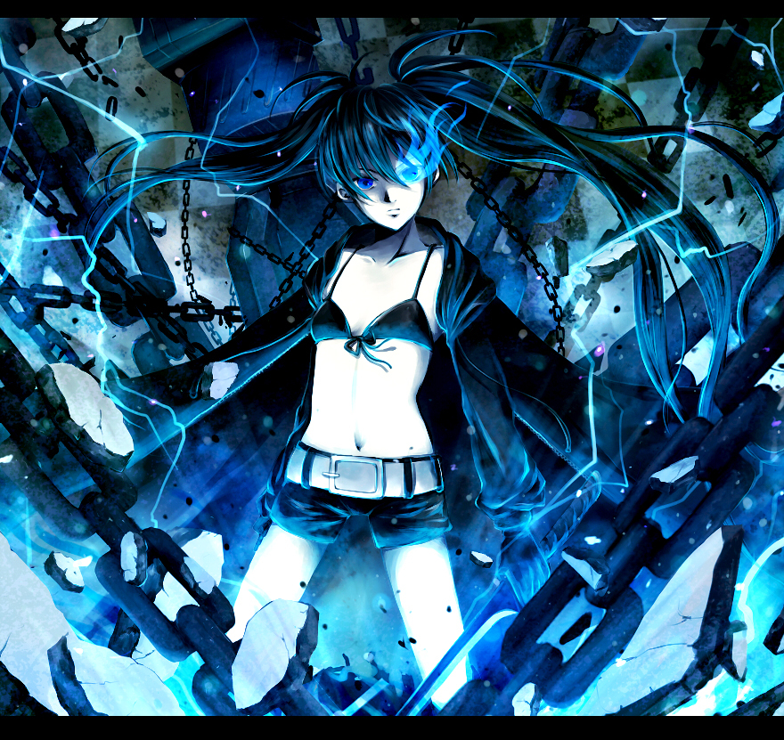 aqua_hair bad_id bad_pixiv_id bikini_top black_hair black_rock_shooter black_rock_shooter_(character) blue_eyes burning_eye chain izru long_hair midriff navel pale_skin shorts solo sword trench_coat twintails uneven_twintails very_long_hair weapon