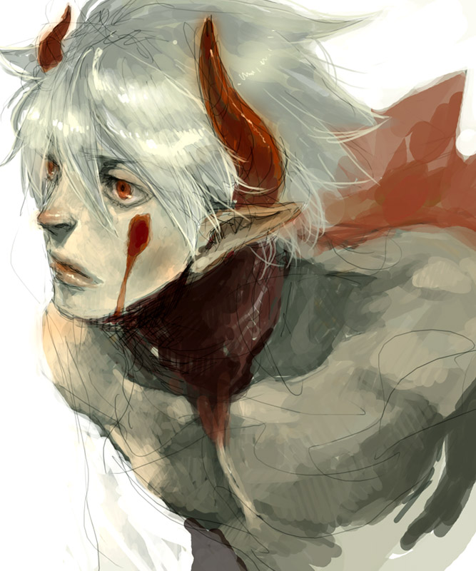 albino breath_of_fire breath_of_fire_v demon_boy horns male_focus pointy_ears red_eyes ruushii ryuu_(breath_of_fire_v) shirtless sketch solo white_background white_hair