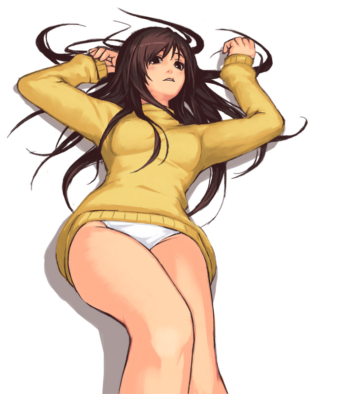 arms_up brown_hair legs long_hair lying on_back original panties shadow simple_background solo sweater underwear white_background white_panties yuuji_(and)