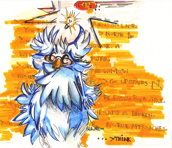 ambiguous_gender avian bird english_text eyewear feathers glasses lightbulb marker_(artwork) penguindood text traditional_media_(artwork) white_feathers zork