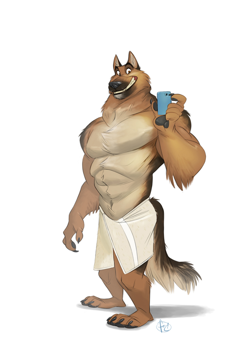 abs anthro biceps big_muscles black_nose brown_eyes brown_fur canid canine canis cellphone chest_tuft claws digital_media_(artwork) domestic_dog fur furrybob german_shepherd herding_dog hi_res iphone male mammal muscular muscular_male pastoral_dog pecs phone simple_background smartphone smile solo standing tan_fur teeth toe_claws towel tuft white_background white_fur