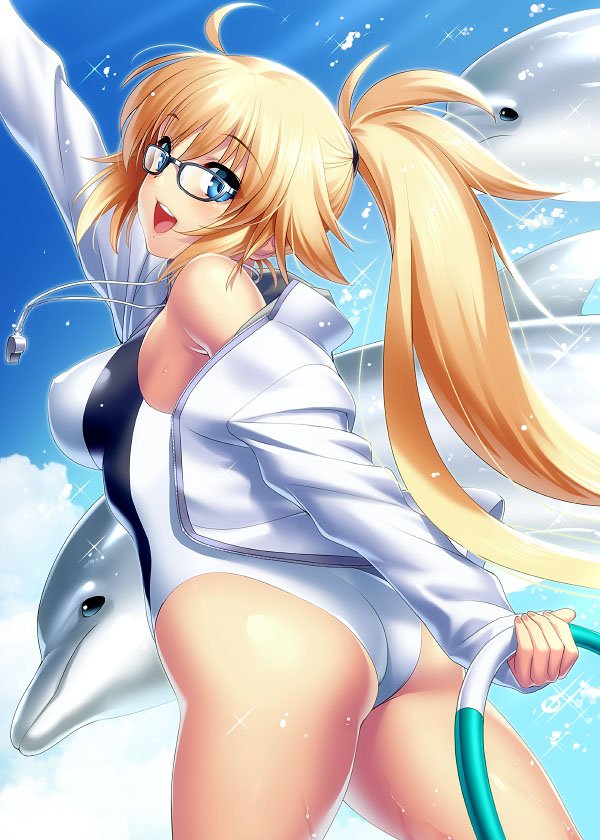1girl 2others ahoge ass blonde_hair blue_eyes blue_sky cloud competition_swimsuit cowboy_shot day dolphin fate/grand_order fate_(series) glasses highleg highleg_swimsuit hoop jacket jeanne_d'arc_(fate)_(all) jeanne_d'arc_(swimsuit_archer) multiple_others one-piece_swimsuit open_mouth outdoors ponytail sky smile swimsuit twintails upper_teeth whistle whistle_around_neck white_jacket white_swimsuit zen