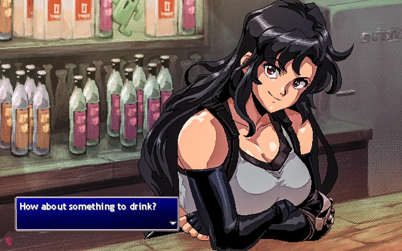 1girl 90s black_hair bottle breasts brown_eyes cleavage commentary david_liu detached_sleeves dithering final_fantasy final_fantasy_vii fingerless_gloves gloves long_hair parody pc-98_(style) pixel_art sabotender signature smile style_parody tifa_lockhart user_interface