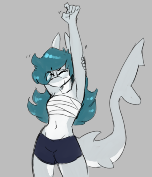 anthro atherol blue_hair clothed clothing digital_media_(artwork) eyes_closed eyewear female fin fish glasses great_white_shark hair lamnid lamniform mammal marine priscilla_fang requiem_shark shark simple_background smile solo stretching