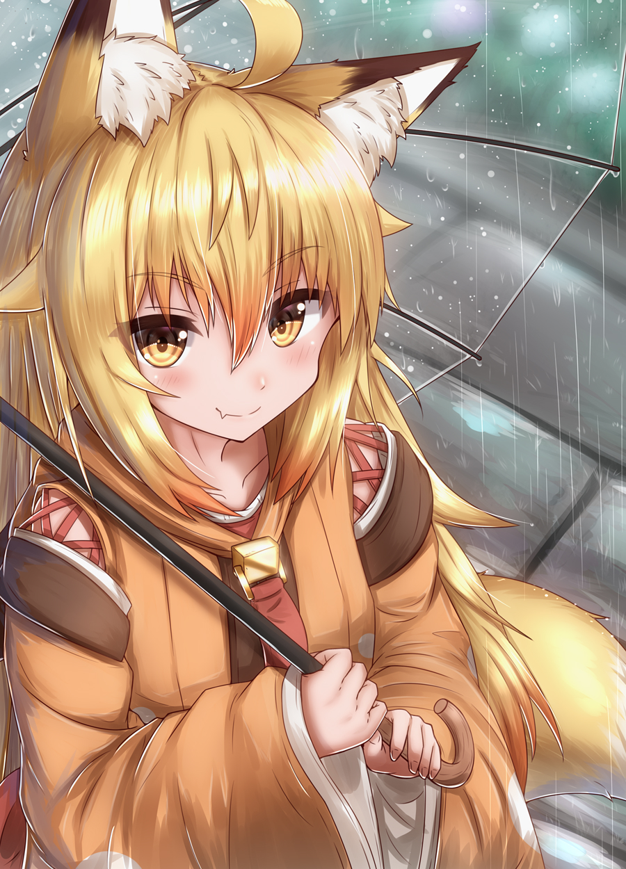 ahoge animal_humanoid black_ears blonde_hair blush canid canid_humanoid canine canine_humanoid clothed clothing collarbone cute_fangs eyebrow_through_hair eyebrows female fox_humanoid fur hair hi_res holding_object holding_umbrella horokusa0519 humanoid inner_ear_fluff looking_at_viewer mammal mammal_humanoid raining solo translucent translucent_hair two_tone_tail umbrella