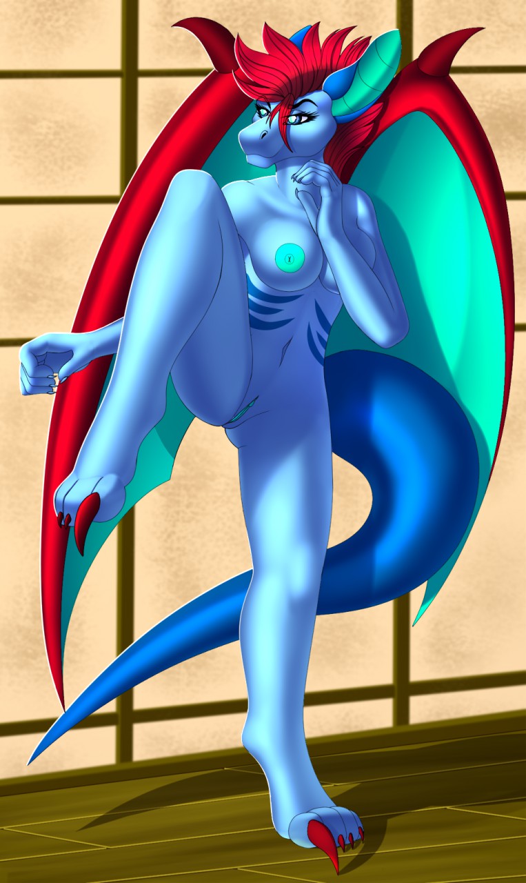 2019 5_fingers anthro areola blue_eyes breasts digital_media_(artwork) dragon female fingers hair hi_res nipples non-mammal_breasts pussy red_hair solo tales_foxdale