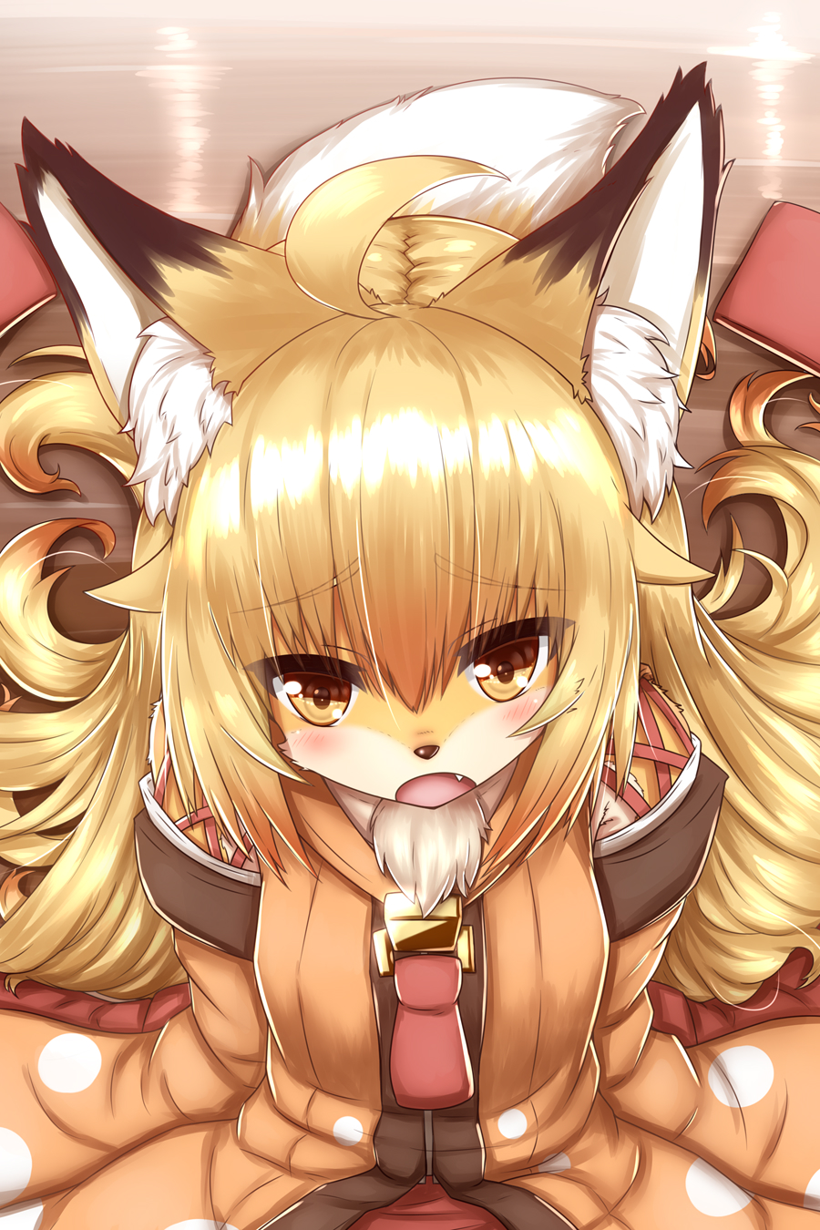 ahoge anthro black_ears blonde_hair blush canid canine clothed clothing cute_fangs ear_tuft eyebrow_through_hair eyebrows female fox fur fur_tuft hair hi_res horokusa0519 kemono looking_at_viewer mammal open_mouth solo translucent translucent_hair tuft yellow_ears