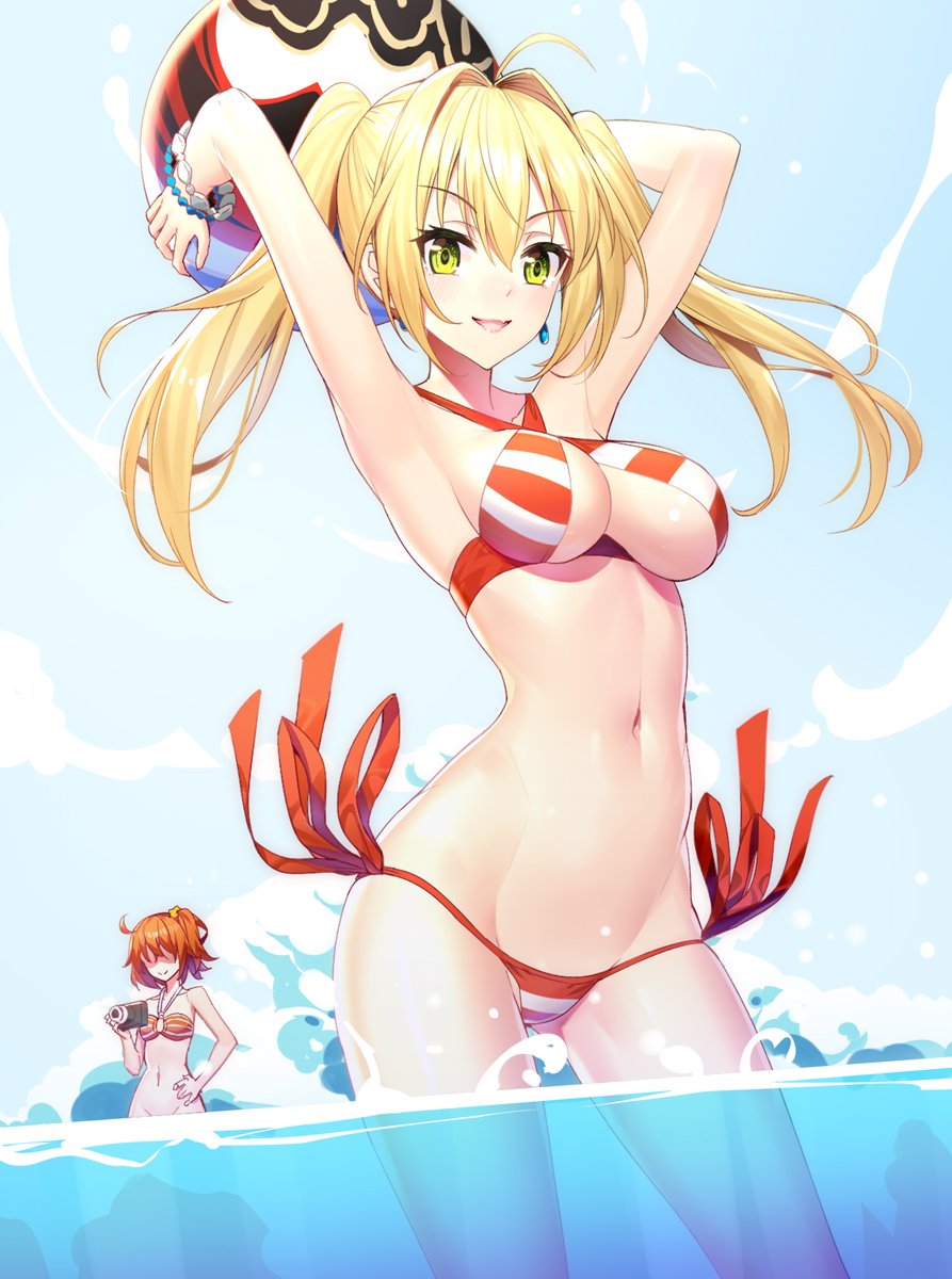 2girls ahoge armpits arms_up ball bangs bare_arms bare_shoulders beachball bikini bikini_top blonde_hair blue_sky blush breasts brown_hair camera cleavage closed_mouth cloud collarbone commentary_request criss-cross_halter day earrings eyebrows_visible_through_hair faceless faceless_female fate/grand_order fate_(series) fujimaru_ritsuka_(female) green_eyes groin hair_between_eyes hair_intakes hair_ornament hair_scrunchie halterneck highres holding holding_ball holding_camera jewelry large_breasts long_hair looking_at_viewer multiple_girls navel nero_claudius_(fate)_(all) nero_claudius_(swimsuit_caster)_(fate) o-ring o-ring_bikini o-ring_top one_side_up open_mouth outdoors partially_underwater_shot ririko_(zhuoyandesailaer) scrunchie side-tie_bikini sidelocks sky smile solo_focus standing striped striped_bikini swimsuit twintails v-shaped_eyebrows wading water yellow_scrunchie