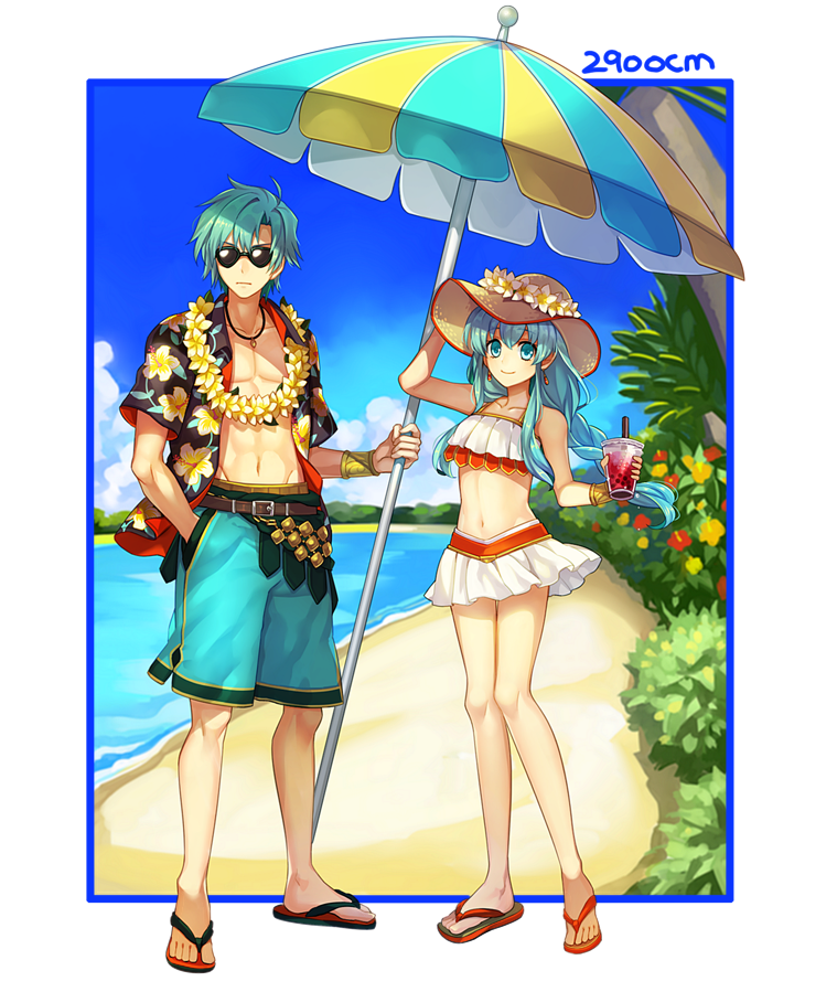 1boy 1girl 2900cm beach beach_umbrella bikini blue_hair bracelet cargo_pants cup eirika ephraim fire_emblem fire_emblem:_the_sacred_stones fire_emblem_heroes flower flower_necklace hat holding holding_drink jewelry long_hair necklace ocean open_clothes open_shirt pants sand sandals shirt short_hair siblings skirt straw_hat sunglasses swimsuit tea twins umbrella