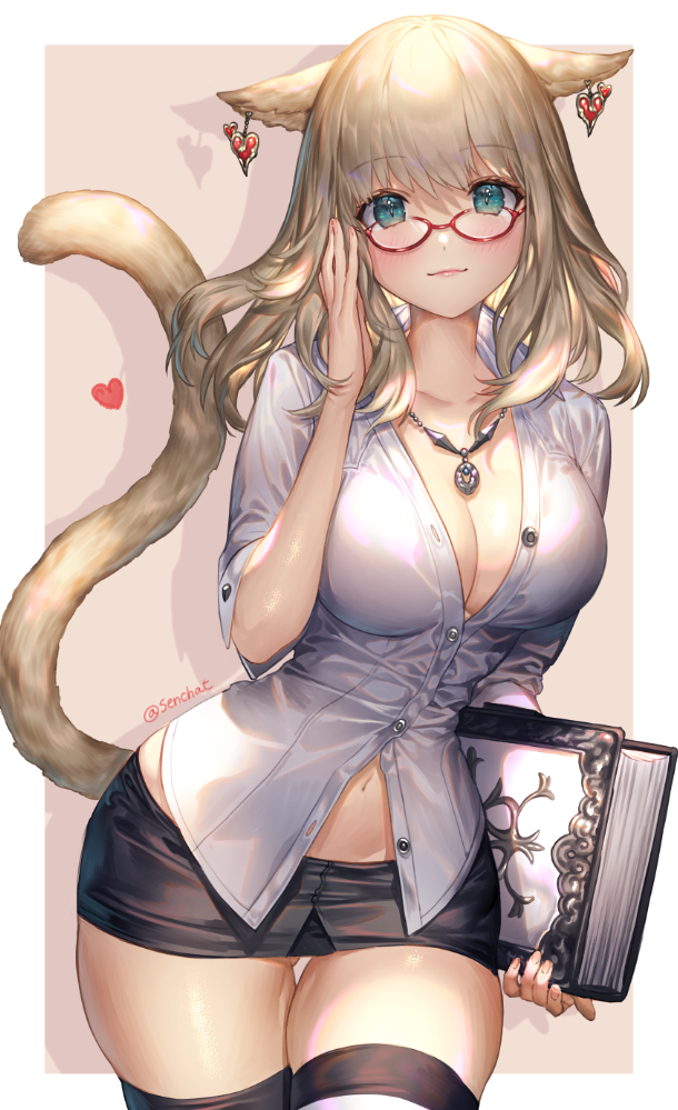 1girl adjusting_eyewear animal_ears aqua_eyes bangs belly_peek black_skirt blush book breasts buttons cat_ears cat_tail cleavage collarbone cowboy_shot ear_piercing final_fantasy final_fantasy_xiv glasses grey_shirt hand_up heart holding holding_book jewelry large_breasts long_hair looking_at_viewer microskirt miqo'te navel necklace outside_border partially_unbuttoned piercing red-framed_eyewear senchat shadow shirt skirt smile solo standing tail thigh_gap thighhighs thighs twitter_username zettai_ryouiki