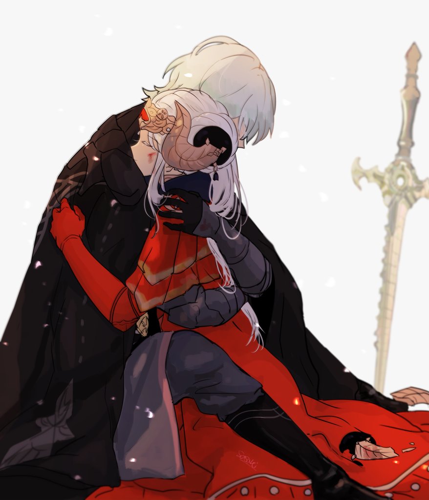 1boy 1girl black_footwear black_gloves bleeding blood boots byleth byleth_(male) cape closed_eyes dress edelgard_von_hresvelgr_(fire_emblem) fire_emblem fire_emblem:_three_houses gloves hug injury leaf planted_weapon red_dress red_gloves sasaki_(dkenpisss) silver_hair simple_background sword tiara weapon