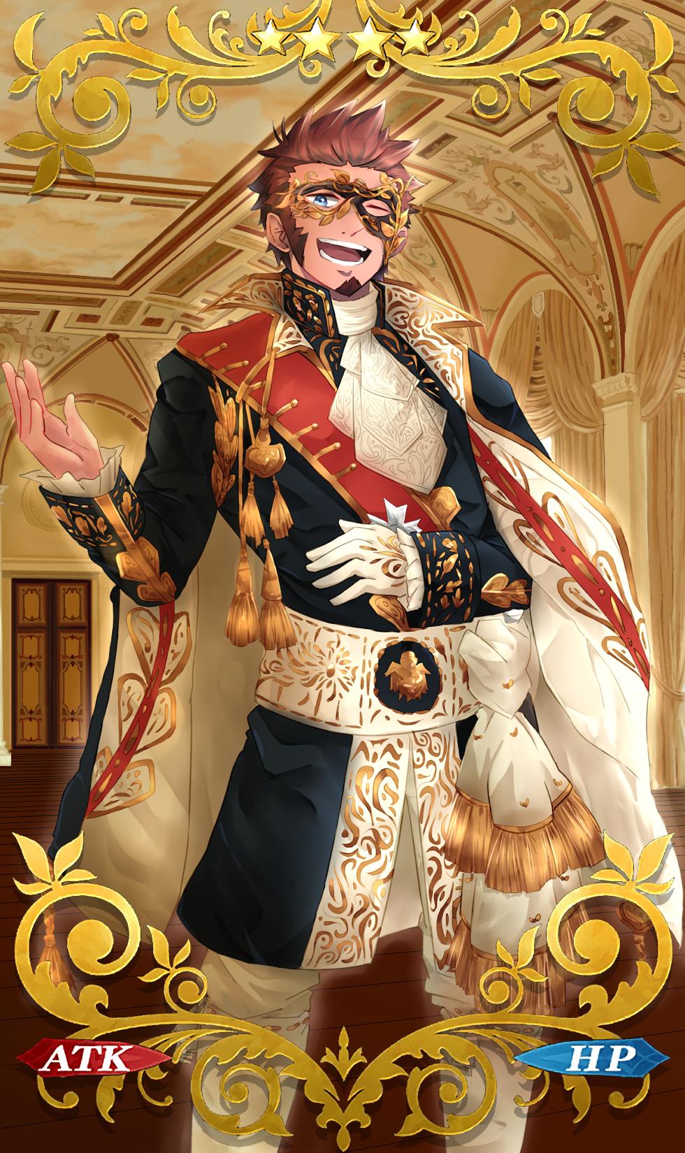 1boy beard blue_eyes brown_hair craft_essence detail facial_hair fate/grand_order fate_(series) gloves highres long_sleeves looking_at_viewer male_focus mask napoleon_bonaparte_(fate/grand_order) one_eye_closed single_glove smile solo standing teeth uniform unower_s upper_body