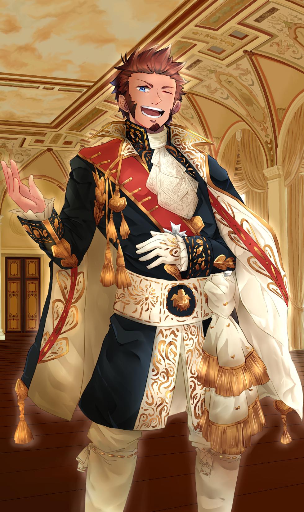1boy beard blue_eyes brown_hair craft_essence detail facial_hair fate/grand_order fate_(series) gloves highres long_sleeves looking_at_viewer male_focus napoleon_bonaparte_(fate/grand_order) one_eye_closed single_glove smile solo standing teeth uniform unower_s upper_body