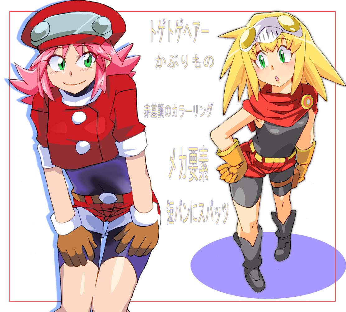 2girls belt bike_shorts blonde_hair blush breasts brown_gloves brown_hair cabbie_hat closed_mouth commentary_request cosplay costume_switch gloves graphite_(medium) green_eyes hat long_hair millipen_(medium) multiple_girls namco_x_capcom onnaski open_mouth penne_(zoids_wild) pink_hair red_headwear red_shorts rockman rockman_dash roll_caskett short_sleeves shorts shorts_under_skirt simple_background smile traditional_media zoids_wild