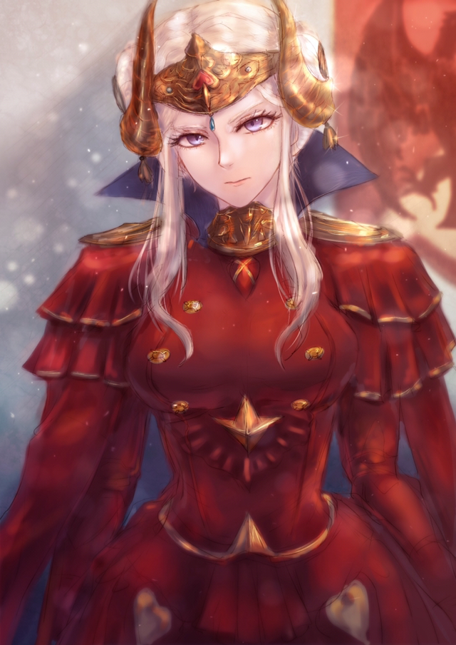 1girl alternate_hairstyle blonde_hair blue_eyes cape closed_mouth commentary_request crown double_bun dress edelgard_von_hresvelgr_(fire_emblem) feh_xeri fire_emblem fire_emblem:_three_houses hair_ornament hair_up headpiece older red_dress solo upper_body