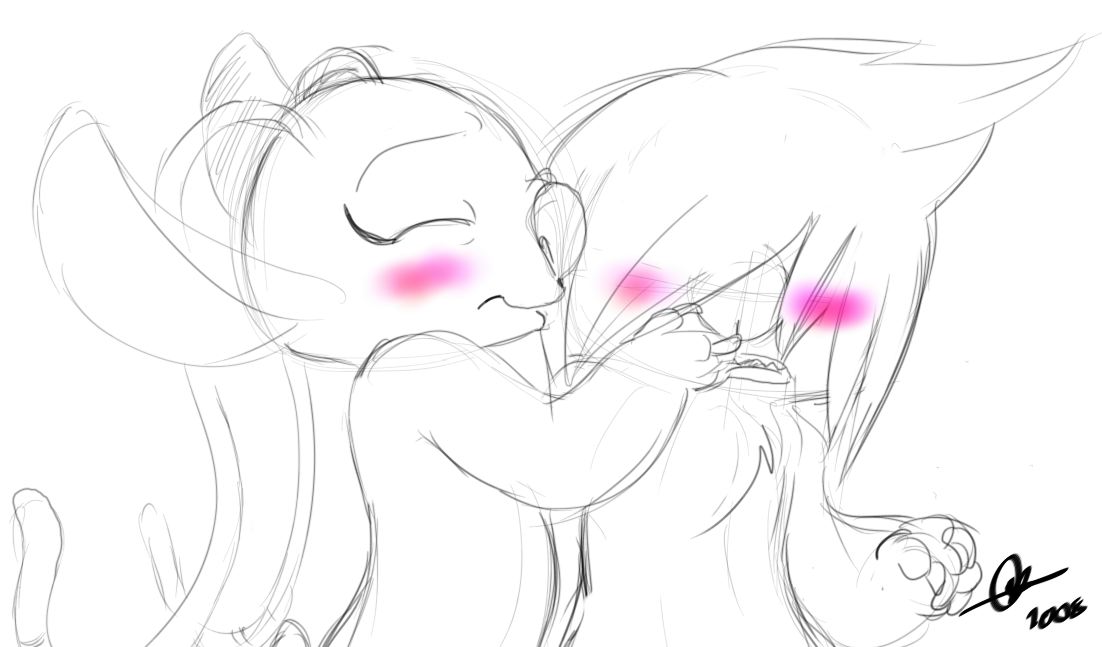 2008 4_fingers alien angel_(lilo_and_stitch) antennae_(anatomy) blush chest_tuft claws digital_drawing_(artwork) digital_media_(artwork) disney experiment_(lilo_and_stitch) eyes_closed fan_character fingers fur hair hair_over_eyes kissing lilo_and_stitch signature simple_background sketch spot_color thex-plotion trance_(konameerkatcafe) tuft white_background