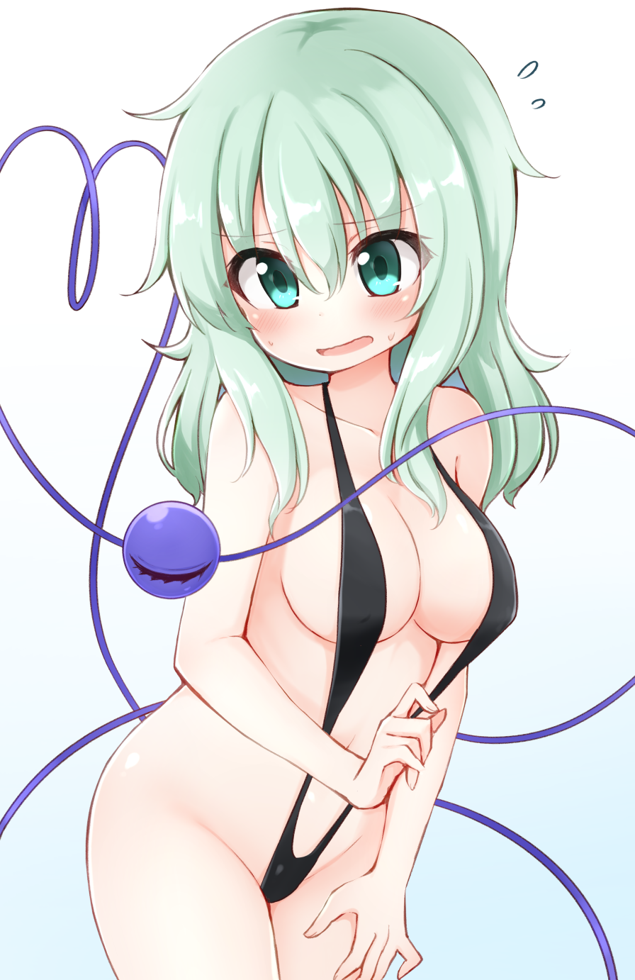 1girl bangs bare_arms bare_shoulders black_swimsuit blue_background blush breasts collarbone commentary_request cowboy_shot eyebrows_visible_through_hair flying_sweatdrops gradient gradient_background green_eyes green_hair groin hair_between_eyes halterneck heart heart_of_string highres komeiji_koishi long_hair looking_at_viewer medium_breasts navel no_hat no_headwear one-piece_swimsuit open_mouth sidelocks slingshot_swimsuit solo standing stomach suwa_yasai sweat swimsuit thighs third_eye touhou white_background