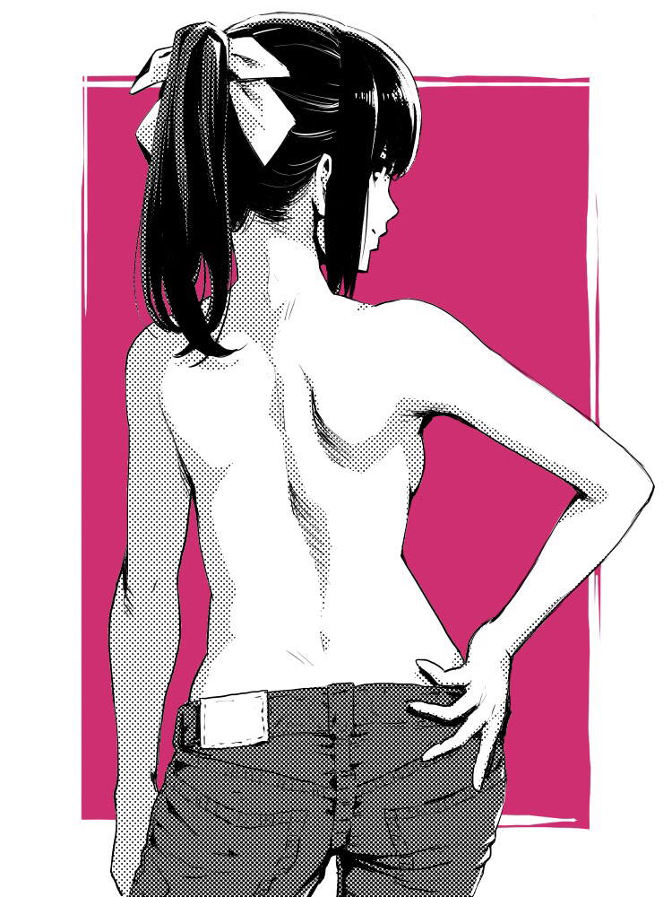 1girl arm_at_side ass back bow closed_mouth commentary_request contrapposto cowboy_shot from_behind hair_bow hand_on_hip looking_at_viewer looking_back monochrome original pants ponytail purple_background shoulder_blades sidelocks smile solo topless ume_(yume_uta_da)