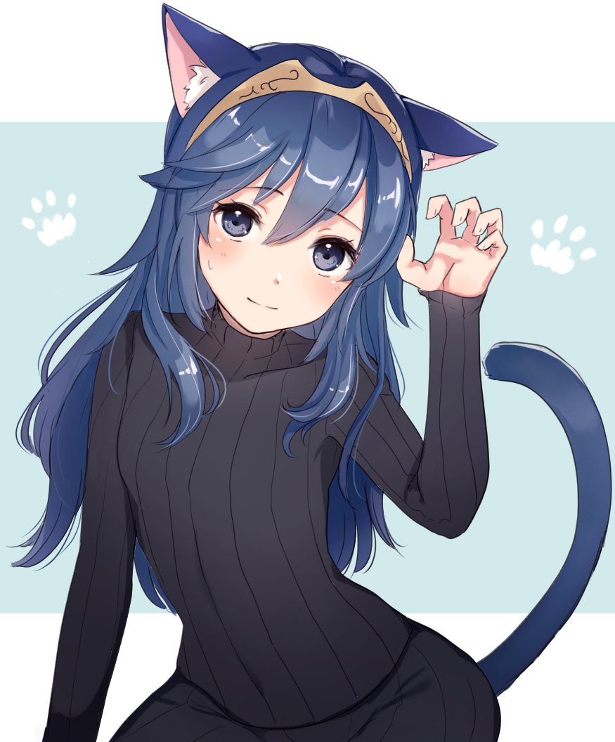 1girl animal_ears blue_eyes blue_hair blush bodysuit cat_ears cat_girl cat_tail fire_emblem fire_emblem_awakening hair_between_eyes haru_(nakajou-28) long_hair looking_at_viewer lucina paw_pose simple_background solo sweater tail tiara