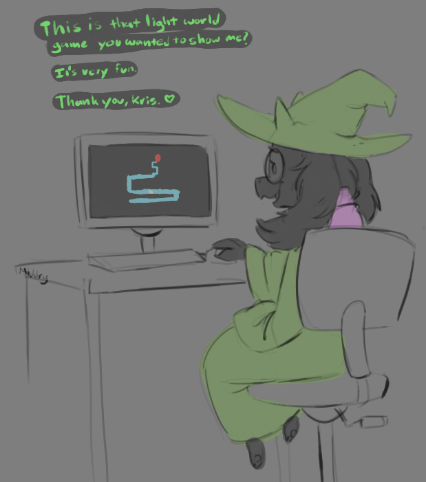 2019 ambiguous_gender black_fur bovid caprine chair clothed clothing computer deltarune desk english_text eyewear fur glasses goat hat headgear headwear horn imminent_doom keyboard mammal middry office_chair oh_no paws ralsei scarf text video_games witch_hat