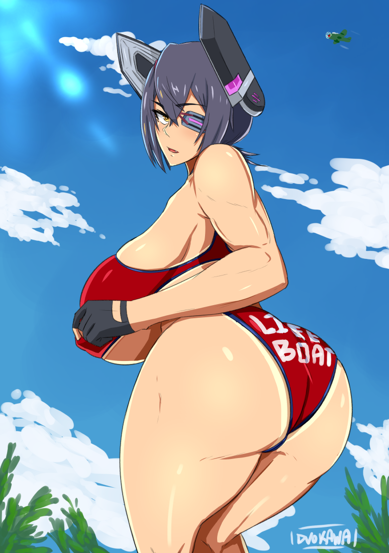 1girl ass bikini bikini_top blue_sky blush breasts clothes_writing dark_skin duo_kawa english_text eyebrows_visible_through_hair eyepatch headdress huge_breasts kantai_collection lifeguard muscle muscular_female open_mouth purple_hair shiny shiny_hair shiny_skin short_hair sky sweat swimsuit tan tenryuu_(kantai_collection) yellow_eyes