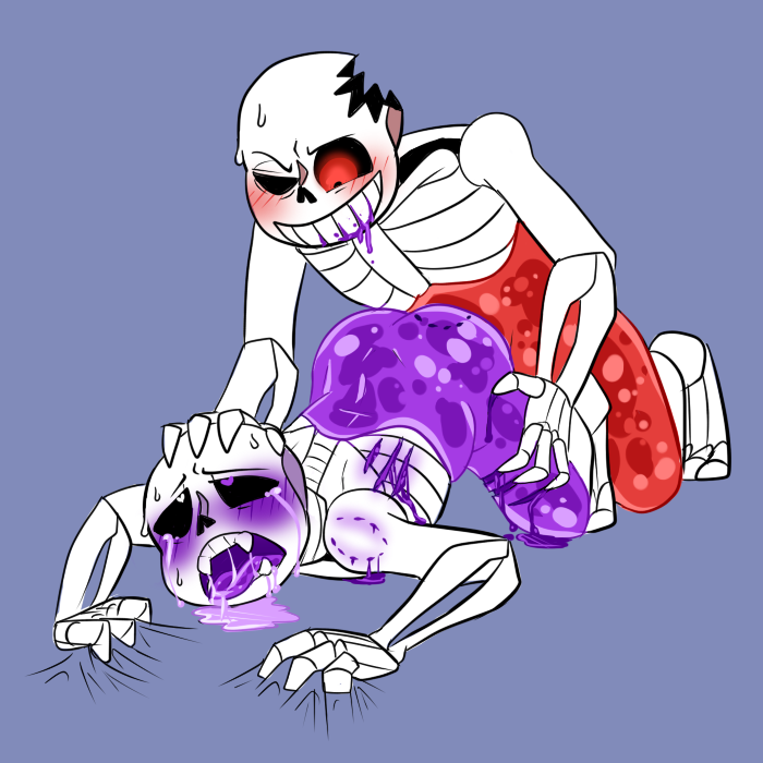 &lt;3 &lt;3_eyes 1:1 alternate_universe animated_skeleton bent_over bite_mark blood blush bodily_fluids bone digital_media_(artwork) drooling duo fangs from_behind_position glowing glowing_eyes grabbing_sheets grin male male/male not_furry nude open_mouth purple_background purple_tongue red_eyes saliva sans_(underfell) sans_(underlust) sans_(undertale) sex simple_background skeleton smile sweat tears teeth tongue undead underfell underlust undertale video_games wounded