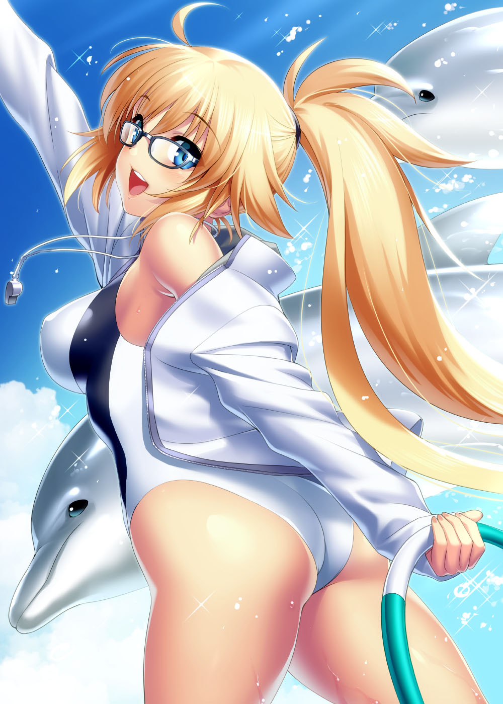 1girl 2others ahoge ass blonde_hair blue_eyes blue_sky cloud competition_swimsuit cowboy_shot day dolphin fate/grand_order fate_(series) glasses highleg highleg_swimsuit highres hoop jacket jeanne_d'arc_(fate)_(all) jeanne_d'arc_(swimsuit_archer) multiple_others one-piece_swimsuit open_mouth outdoors ponytail sky smile swimsuit twintails upper_teeth whistle whistle_around_neck white_jacket white_swimsuit zen