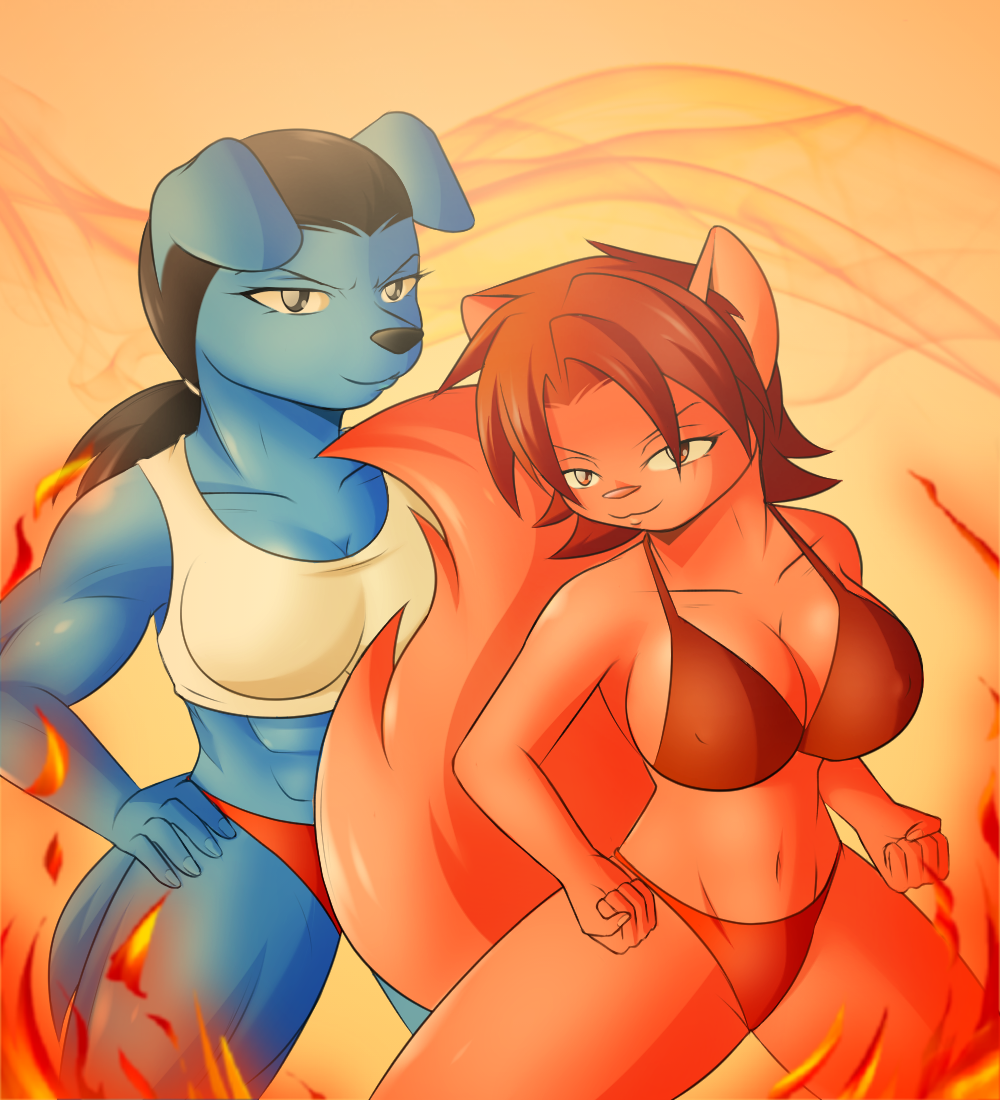 animal_strife big_breasts big_tail bikini black_eyes black_hair blue_fur breasts canid canine canis clothing domestic_dog duo female fight_pose fighter_girls fighters fire fire_conejo fur hair long_hair mammal muscular red_eyes red_fur red_hair rodent sciurid shirt swimwear tank_top topwear