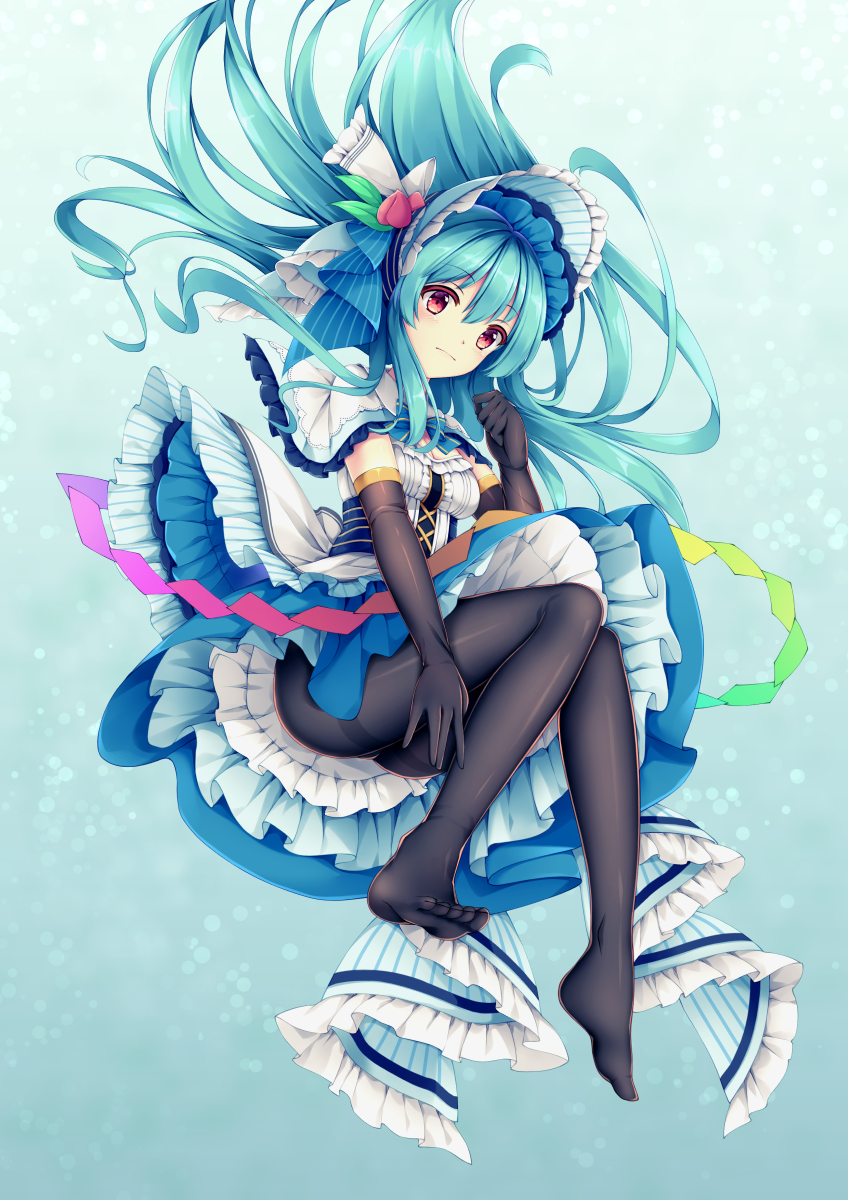 1girl black_gloves black_legwear blue_background blue_hair capelet closed_mouth elbow_gloves eyebrows_visible_through_hair floating_hair frilled_capelet frills full_body gloves gradient gradient_background hair_between_eyes highres hinanawi_tenshi layered_skirt long_hair mechrailgun pantyhose red_eyes shiny shiny_hair solo thighband_pantyhose touhou very_long_hair white_capelet