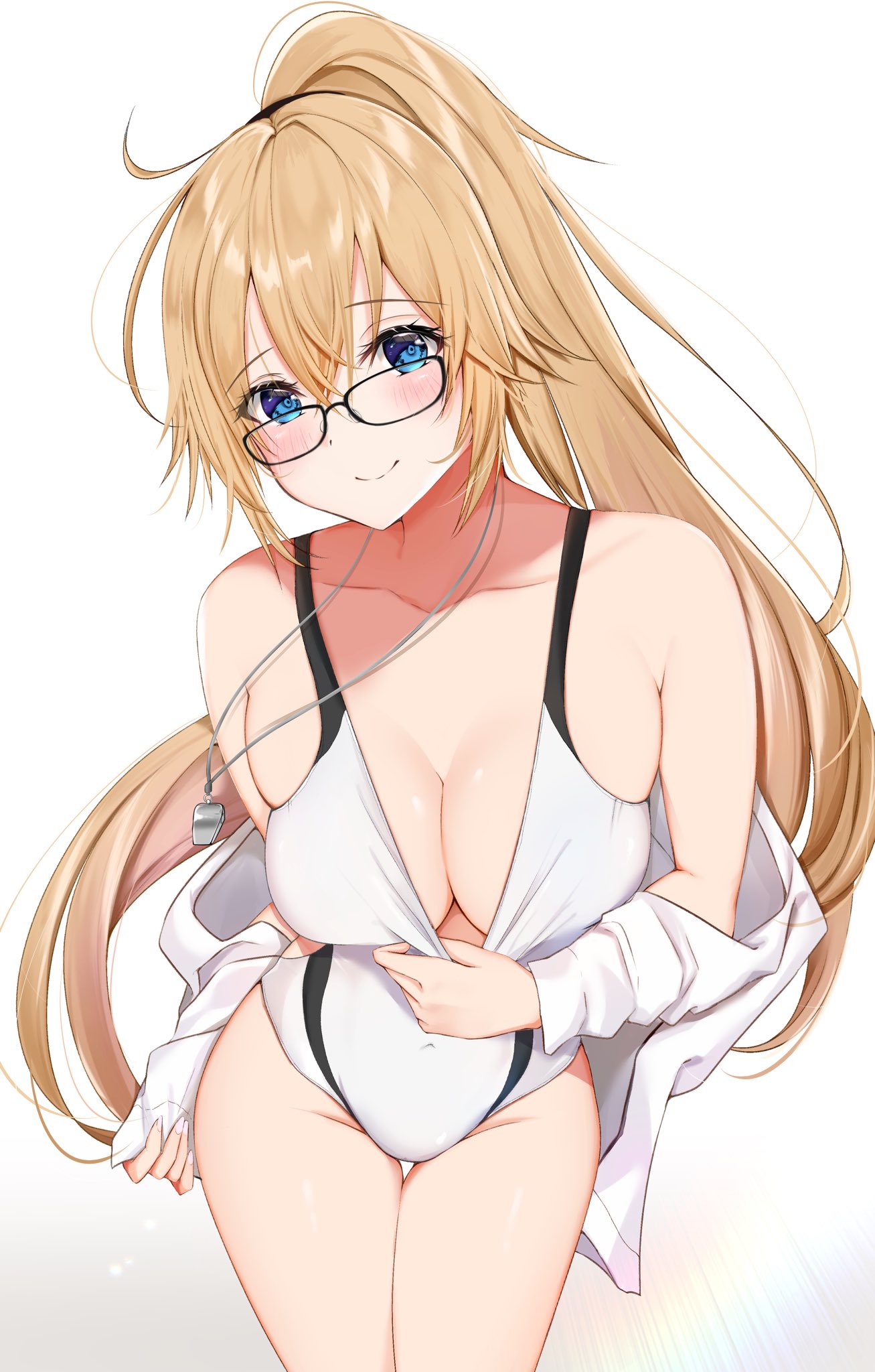 1girl bangs bare_shoulders black-framed_eyewear blonde_hair blue_eyes blush breasts cleavage closed_mouth collarbone commentary_request covered_navel eyebrows_visible_through_hair fate/grand_order fate_(series) fingernails glasses gradient gradient_background highres jacket jeanne_d'arc_(fate)_(all) jeanne_d'arc_(swimsuit_archer) long_hair looking_at_viewer medium_breasts off_shoulder one-piece_swimsuit open_clothes open_jacket ponytail shiny shiny_hair shiny_skin simple_background smile solo swimsuit swimsuit_pull thighs uiri-na whistle whistle_around_neck white_background white_jacket