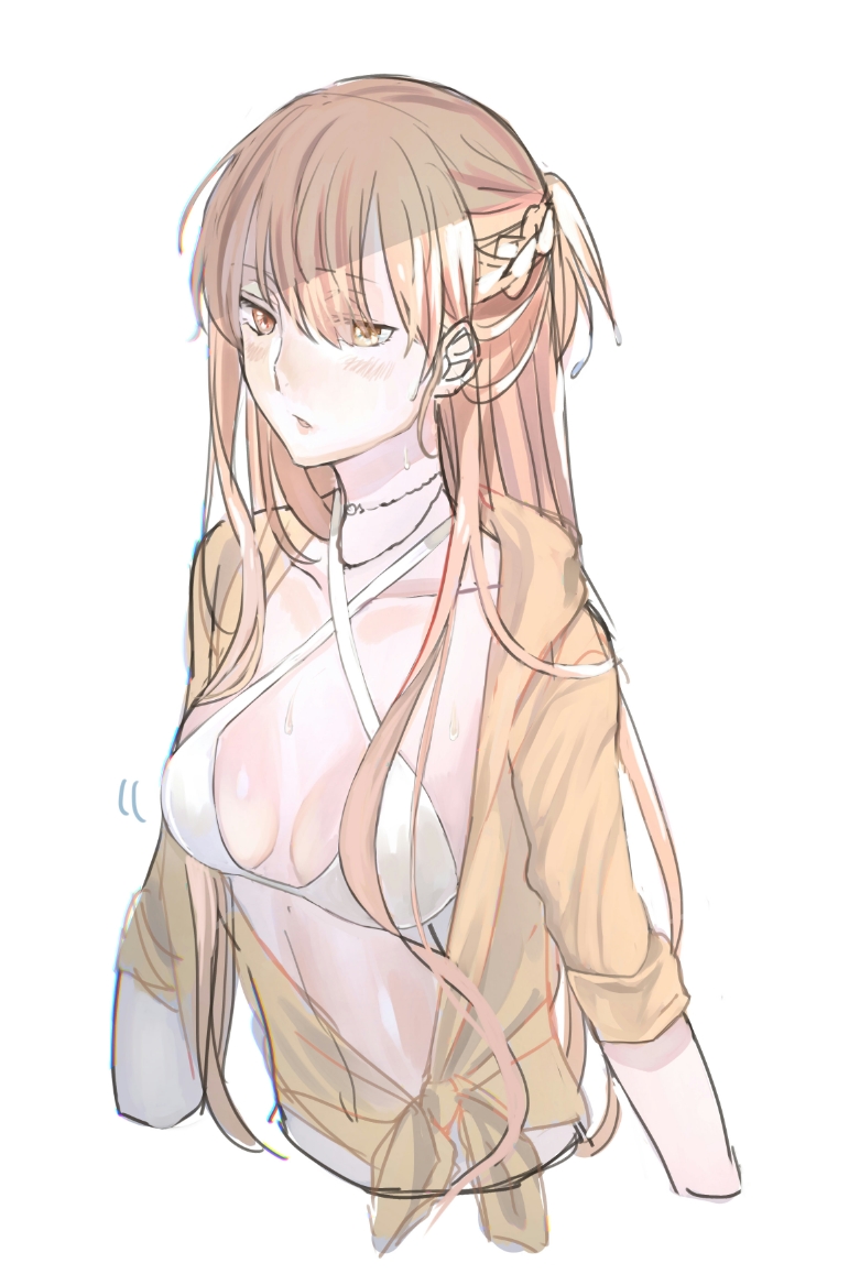 1girl asuna_(sao) blonde_hair blush braid breasts brown_eyes brown_shirt cleavage collarbone covered_navel criss-cross_halter cropped_arms cropped_torso crown_braid dress_shirt eyebrows_visible_through_hair hair_between_eyes halterneck long_hair medium_breasts navel open_clothes open_mouth open_shirt riko201008 shirt simple_background solo sword_art_online tied_shirt upper_body very_long_hair white_background white_bikini_top