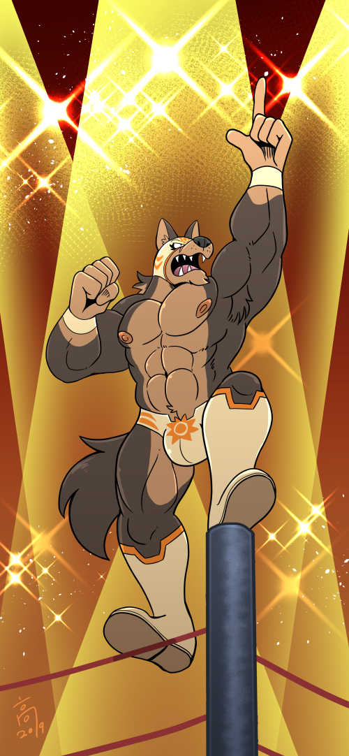 anthro armpit_hair bulge canid canine clothing facial_hair fangs footwear male mammal mask mostly_nude muscular nipples pose shoes solo takataka wrestler