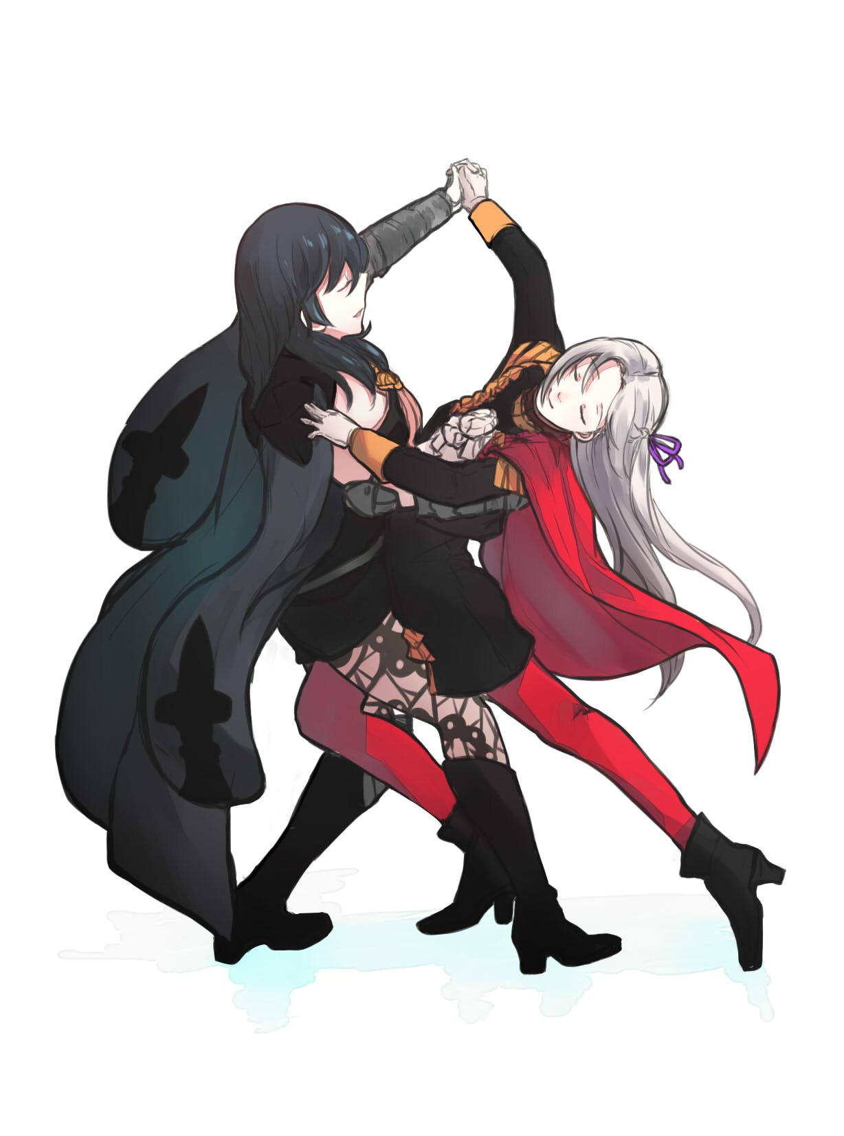 2girls black_shorts blonde_hair blue_hair byleth byleth_(female) cape closed_eyes closed_mouth dancing edelgard_von_hresvelgr_(fire_emblem) fire_emblem fire_emblem:_three_houses from_side full_body hair_ribbon high_heels highres holding_hands long_hair long_sleeves multiple_girls red_cape red_legwear ribbon shorts simple_background smile u_nagidon uniform white_background yuri