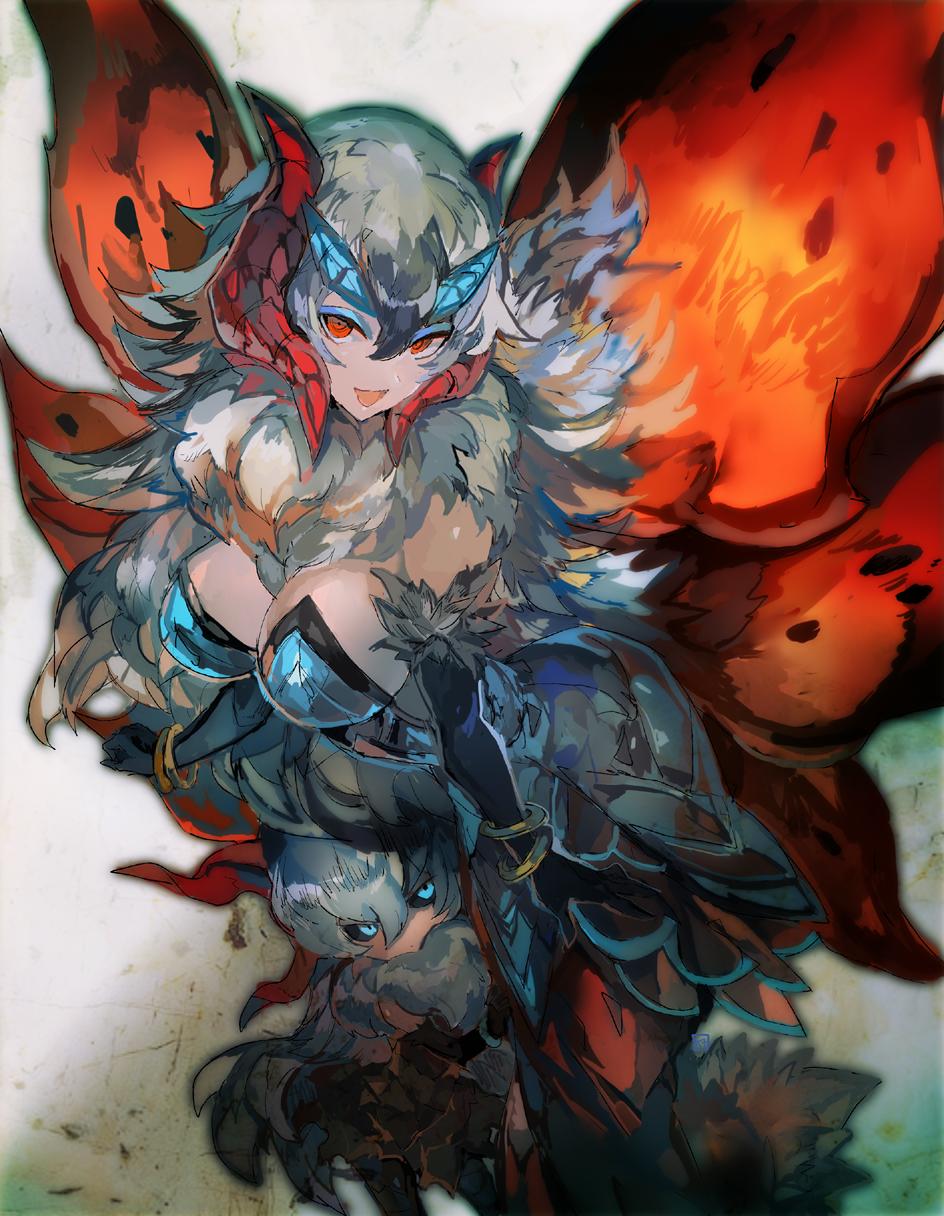 2girls :d black_gloves black_sclera blue_eyes bracelet breasts commentary_request elbow_gloves fur-trimmed_gloves fur_collar fur_trim gen_5_pokemon gloves highres horns jewelry kantarou_(8kan) large_breasts larvesta looking_at_viewer moth_wings multiple_girls open_mouth personification pokemon pokemon_(game) pokemon_bw red_eyes silver_hair smile volcarona wings