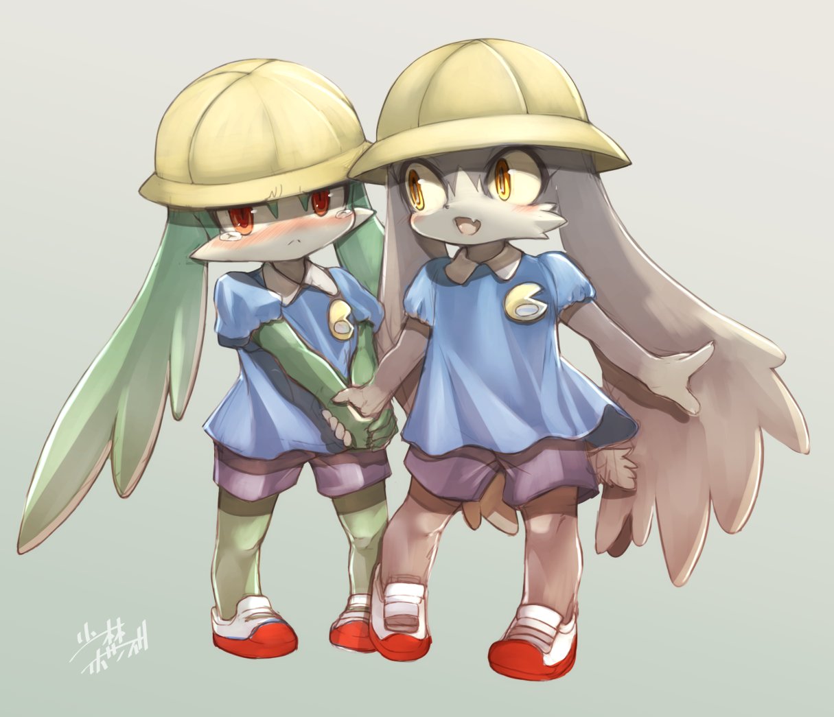 2019 ambiguous_gender blush clothed clothing cub duo hand_holding hat headgear headwear king_of_sorrow klonoa klonoa_(series) school_uniform shaolin_bones shy smile uniform video_games young