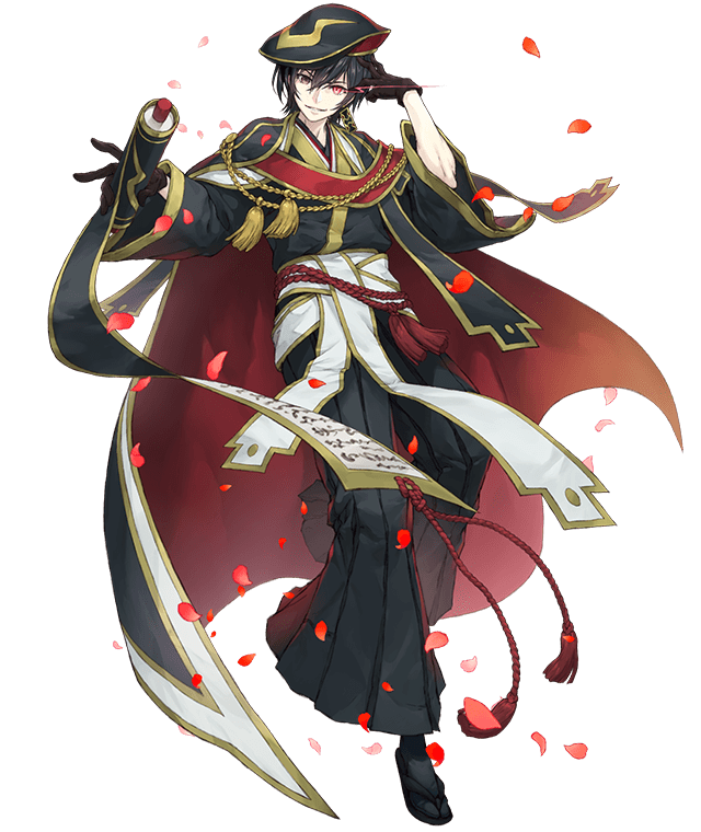 1boy alternate_costume black_gloves black_hair cape code_geass crossover geass gloves glowing glowing_eye grin hat japanese_clothes ji_no lelouch_lamperouge light_trail looking_at_viewer official_art petals purple_eyes sandals scroll sinoalice smile socks transparent_background wide_sleeves