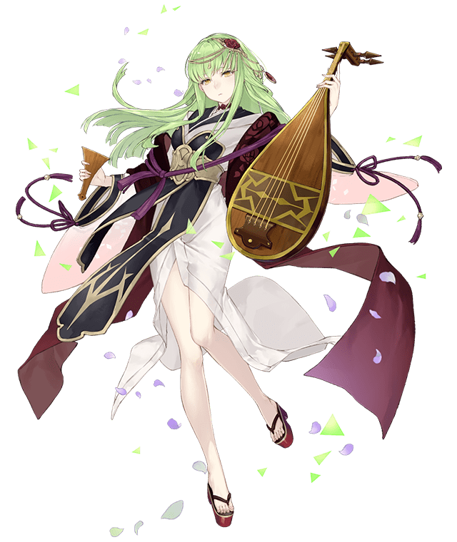1girl alternate_costume c.c. code_geass crossover expressionless green_hair hair_ornament instrument instrument_request japanese_clothes ji_no kimono looking_at_viewer official_art petals sandals sinoalice transparent_background wide_sleeves yellow_eyes