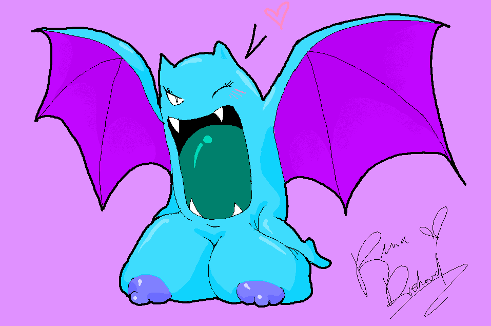 &lt;3 bat big_breasts blue_skin blush breasts fangs female golbat huge_breasts mammal nintendo nipples one_eye_closed open_mouth pink_background plain_background pok&#233;mon pokemon revadiehard signature teeth video_games wings wink