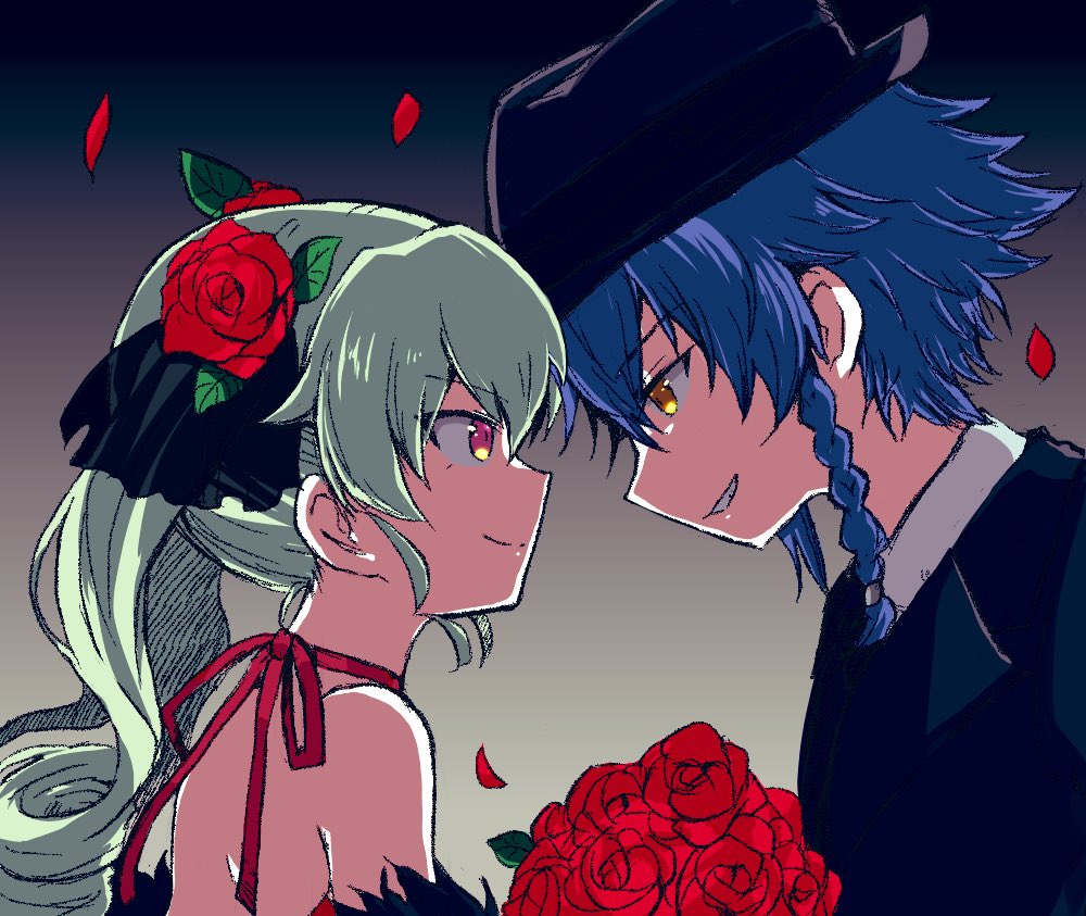 2girls aimai_(luckyfive) anchovy black_headwear blue_hair blush braid closed_mouth drill_hair eyebrows_visible_through_hair fedora flower formal girls_und_panzer gradient gradient_background grin hair_flower hair_ornament hair_ribbon hat imminent_kiss long_hair looking_at_another multiple_girls parted_lips pepperoni_(girls_und_panzer) ribbon rose shiny shiny_hair short_hair simple_background smile suit teeth yellow_eyes yuri