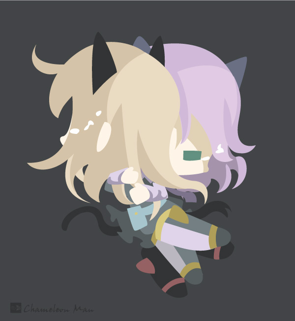 2girls animal_ears artist_name blonde_hair cat_ears cat_tail chameleon_man_(three) chibi closed_eyes commentary_request eila_ilmatar_juutilainen flat_color hug military military_uniform multiple_girls no_lineart purple_hair sanya_v_litvyak simple_background strike_witches striker_unit tail tears uniform world_witches_series