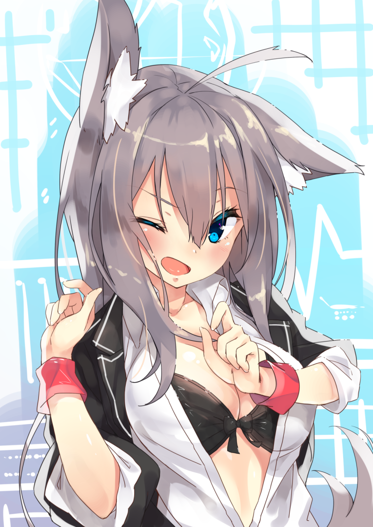 1girl ahoge animal_ears bangs black_bra blue_eyes blush bra breasts cleavage greyscale jacket large_breasts long_hair monochrome one_eye_closed open_clothes open_jacket open_mouth original rozea_(graphmelt) simple_background smile solo underwear upper_body wrist_cuffs