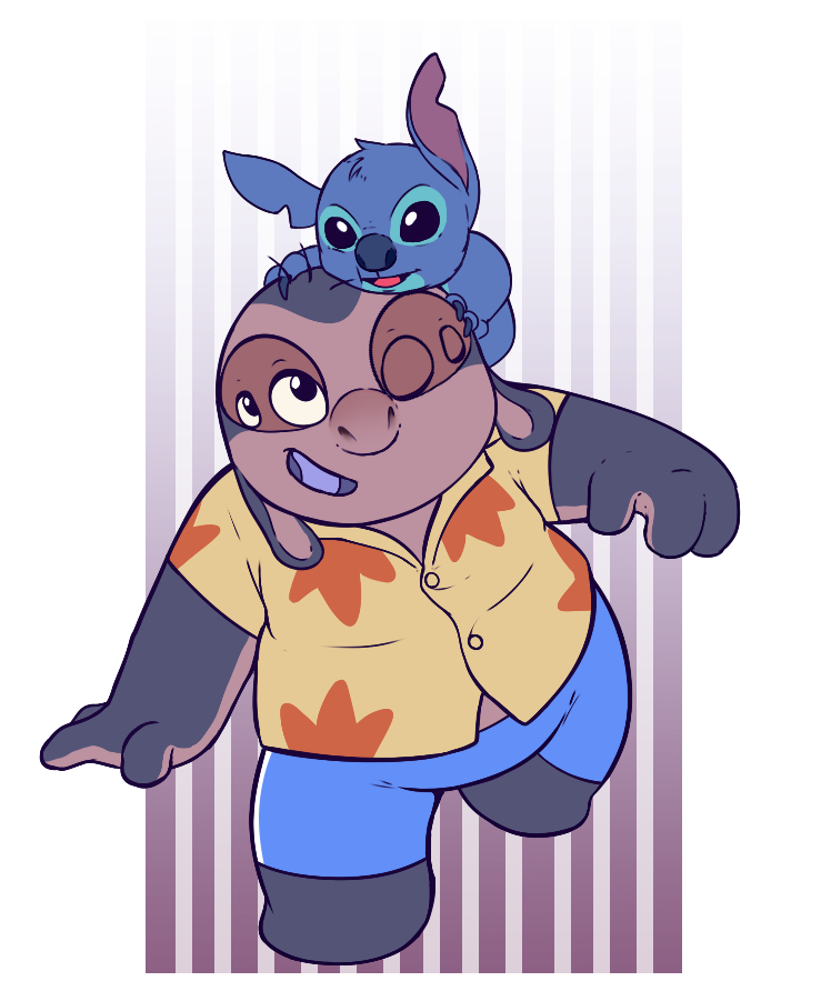 2013 2_eyes_closed 4_eyes alien blue_claws blue_eyes blue_fur blue_nose carrying claws clothed clothing digital_drawing_(artwork) digital_media_(artwork) disney duo experiment_(lilo_and_stitch) flat_colors fur hawaiian_shirt head_tuft jumba_jookiba kweltikwan lilo_and_stitch lunicent multi_eye notched_ear on_head open_mouth open_smile overweight purple_mouth purple_skin purple_tongue shirt simple_background size_difference smile stitch_(lilo_and_stitch) tongue topwear tuft yellow_sclera
