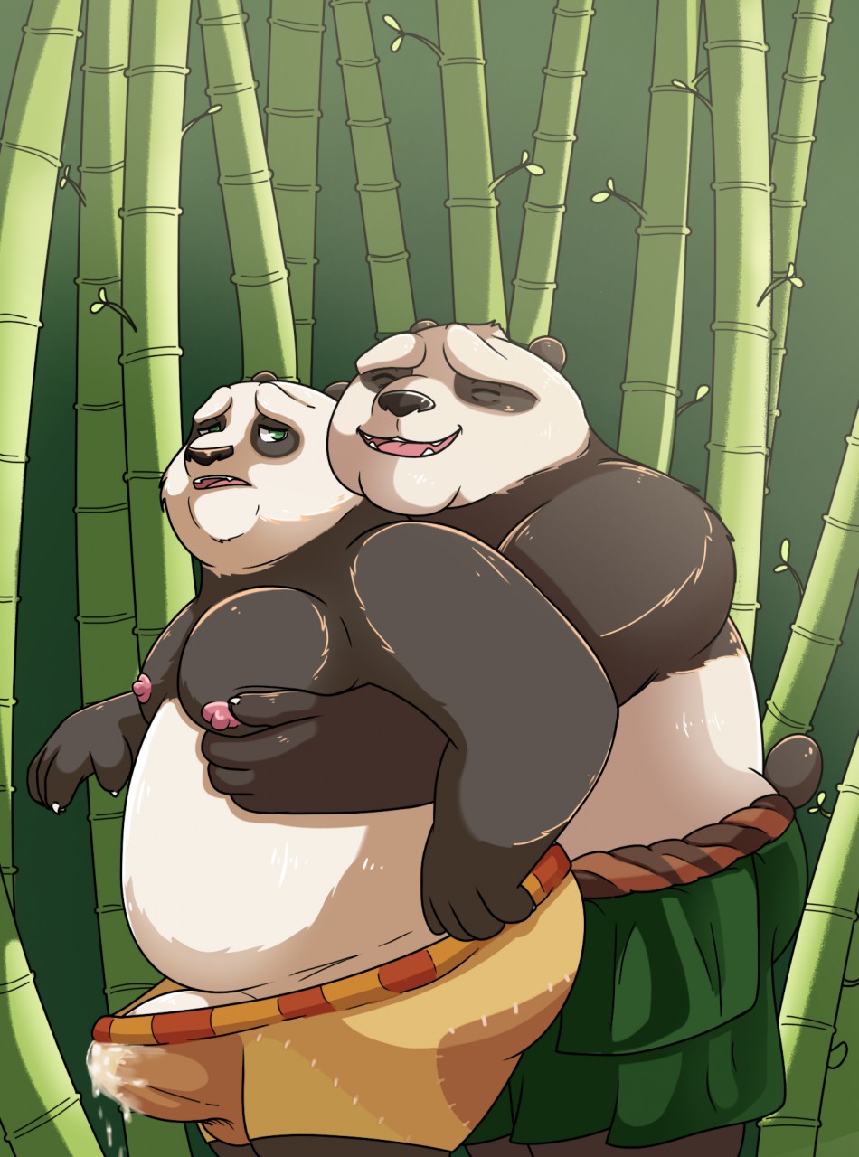 2019 anthro black_fur black_nose bodily_fluids bottomwear butt clothing cum dreamworks duo eyes_closed father father_and_son fur genital_fluids giant_panda green_eyes hi_res hug hugging_from_behind humanoid_hands kung_fu_panda li_shan male male/male mammal mkcrown outside overweight overweight_male parent penis po shorts son ursid white_fur