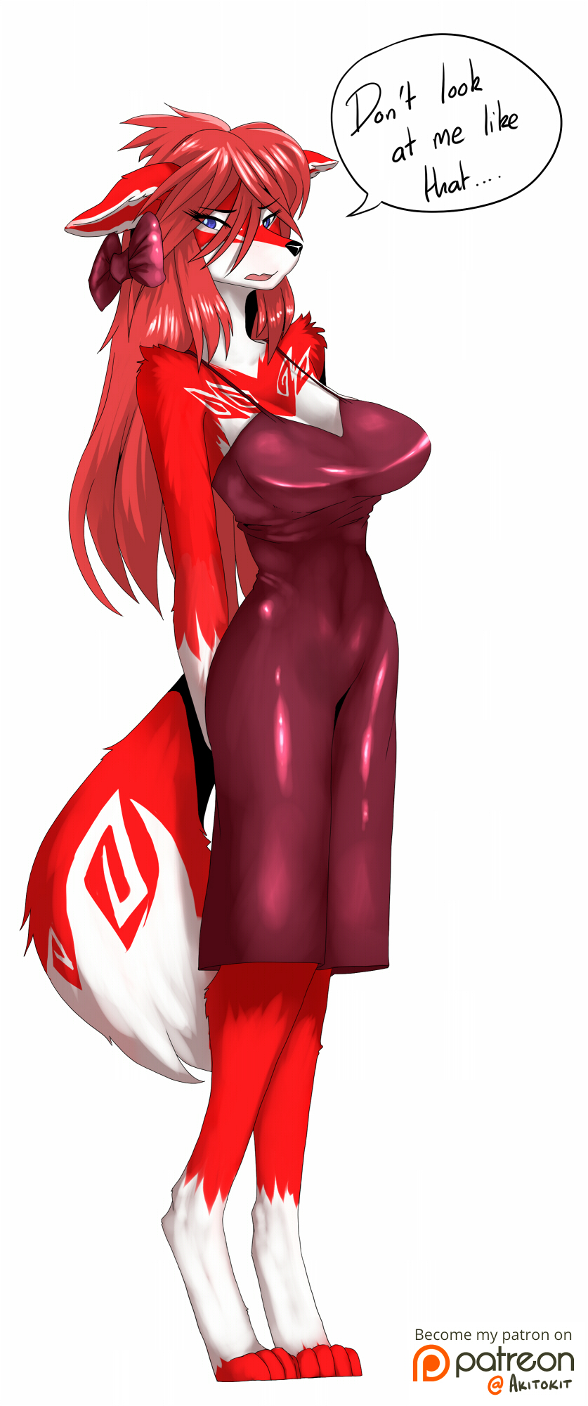 akitokit anthro big_breasts blue_eyes breasts canid canine canis clothing comic dress english_text female fur hair hi_res mammal paws red_fur red_hair simple_background solo text white_background white_fur wolf