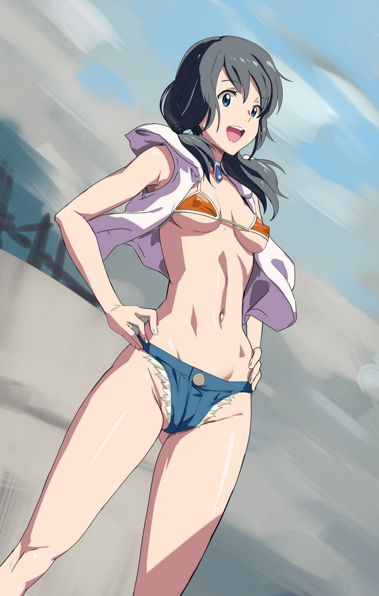 1girl :d amano_hina_(tenki_no_ko) bikini_top black_hair blue_eyes blue_shorts breasts covered_nipples denim denim_shorts eyebrows_visible_through_hair hands_on_hips highres looking_away medium_breasts medium_hair navel ontaros open_mouth orange_bikini_top short_shorts short_twintails shorts smile solo teeth tenki_no_ko twintails upper_teeth